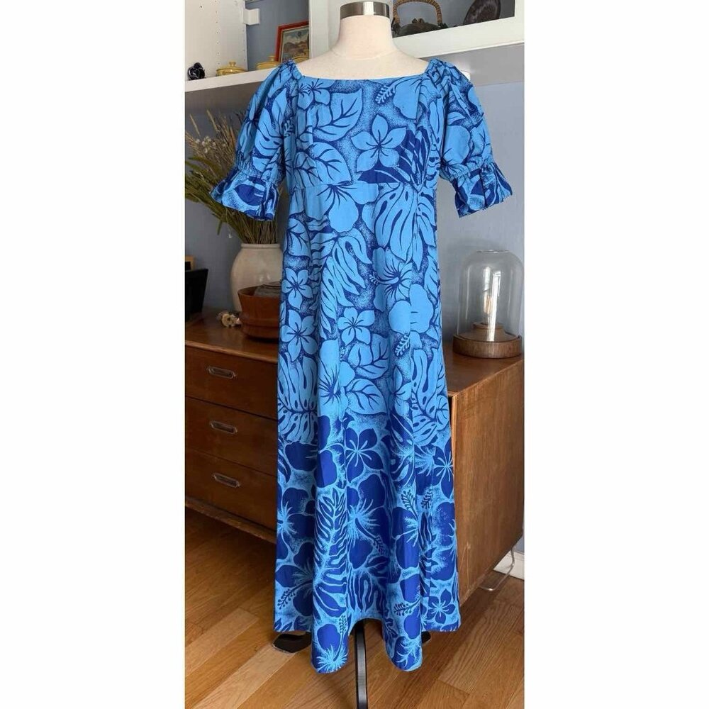 Smart Design Made In Hawaii Hawaiian Dress Puff Sleeves Floral Tiki Aloha M Blue